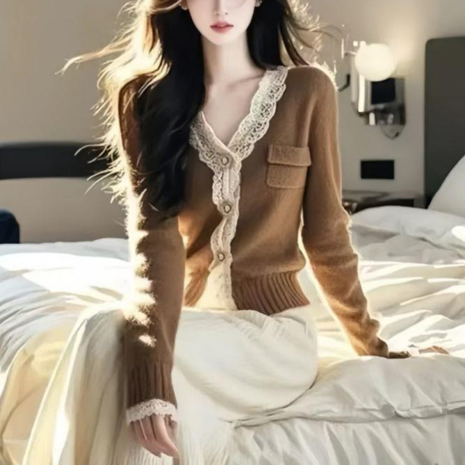Lace sweater, rad knit, brown cardigan, unique and exquisite, high-end French style, autumn and winter women's clothing, autumn top Lace sweater, rad knit, brown cardigan, unique and exquisite, high-end French style, autumn and winter women's clothing, autumn top