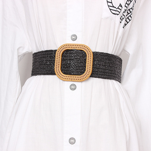 Women's summer woven PP grass decorated dress with wide belt, adjustable elastic belt, versatile women's belt