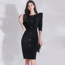 跨境女裝2022春裝新款韓版修身中長款單排扣時尚包臀職業連衣裙
