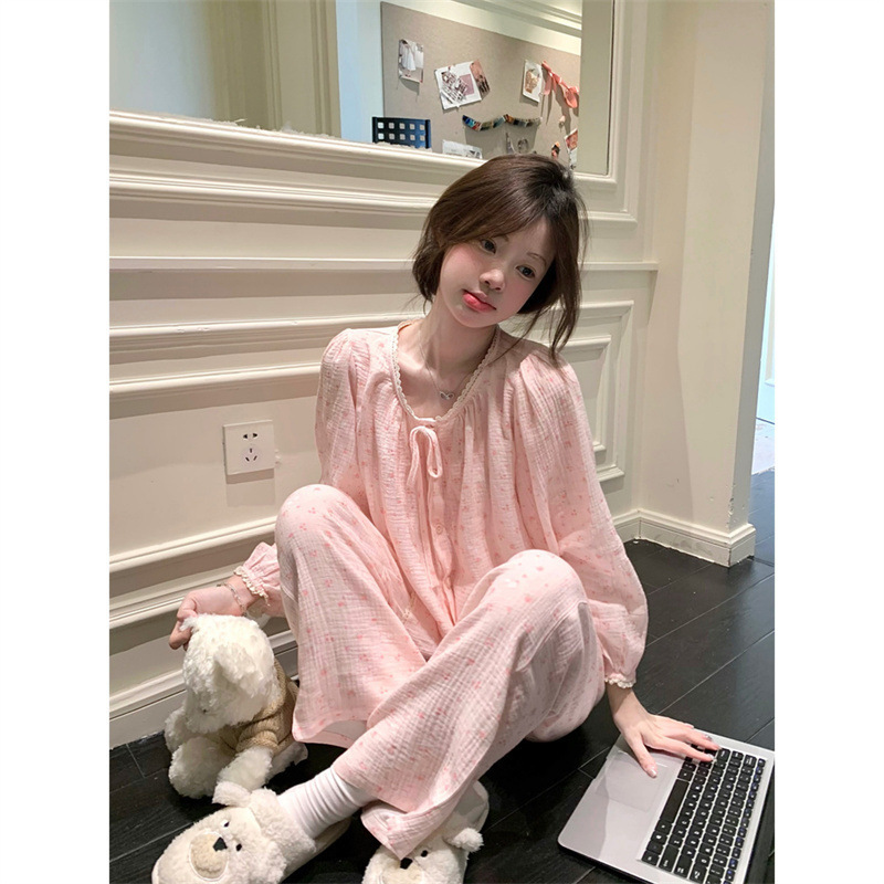 2025 甜美粉色少女蕾丝拼接花边家居服睡衣套装|undefined