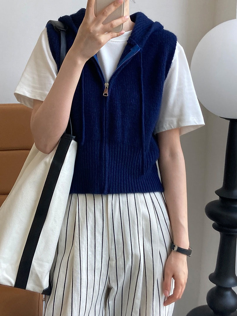 Retro chaleco encapuchado de hombro de punto Cardigan corto de mujer outer vestir otoño nuevo suéter suelto sin mangas abrigo