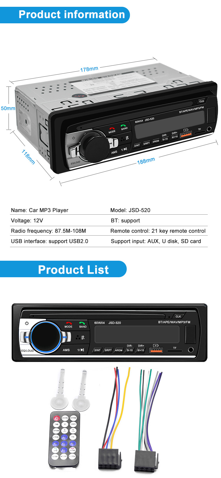 汽车MP3单锭机带蓝牙收音机 货车车载蓝牙免提双USB插卡播放器详情5