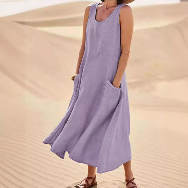 summer dress sleevless with a round collar