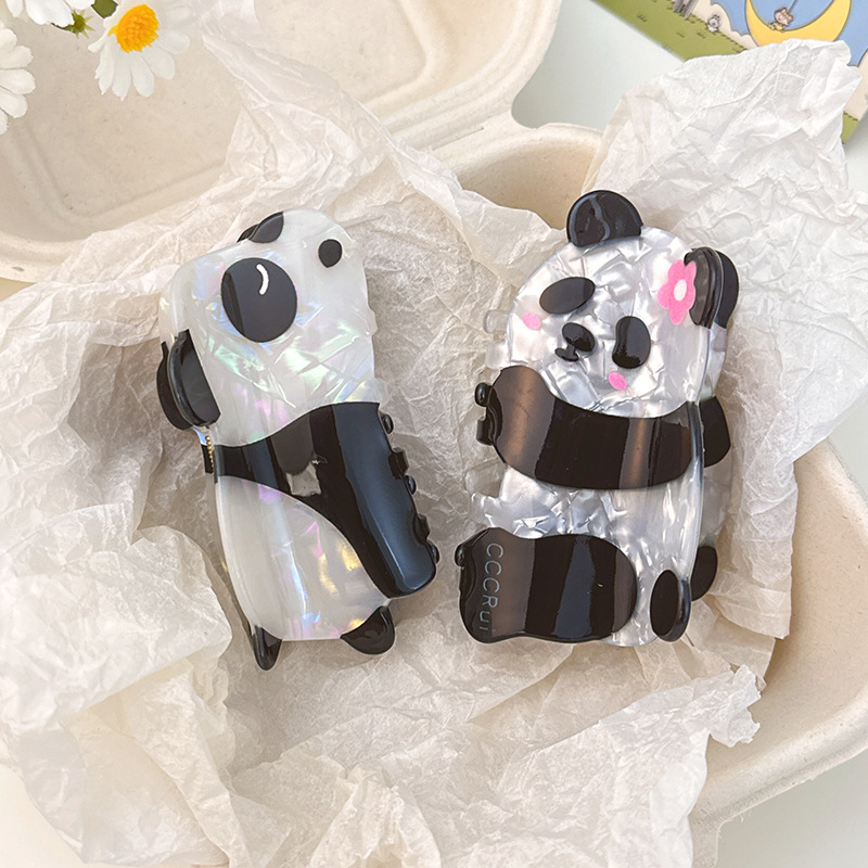 Panda Flower Grab Clip Women's Cute Guofeng High-end Acetic Acid Back Head Shark Clip Niche Bangs Hairpin Hair Accessories