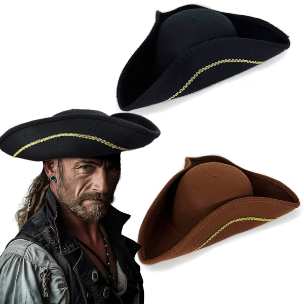 In-Stock Halloween Party Single-Sided Velvet Small Gold-Edged Pirates of the Caribbean Hat Ghost Festival Stage Performance Brown Tricorn Hat