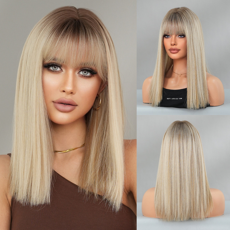 Shoulder-Length Women's Straight Hair Wig, Full Head Set with Bangs, Linen Gold Synthetic Fiber, Medium-Length Straight, No Hair Net Needed, Full Head Wig Shoulder-Length Women's Straight Hair Wig, Full Head Set with Bangs, Linen Gold Synthetic Fiber, Medium-Length Straight, No Hair Net Needed, Full Head Wig
