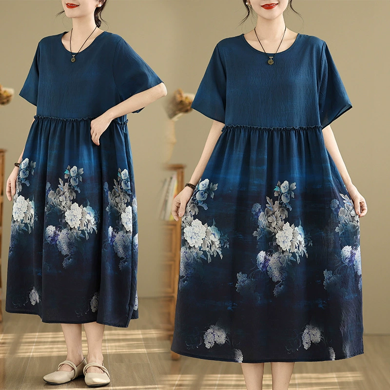 2025 Летний большой размер толстый MM национальный стиль принт хлопчатобумажное платье с короткими рукавами