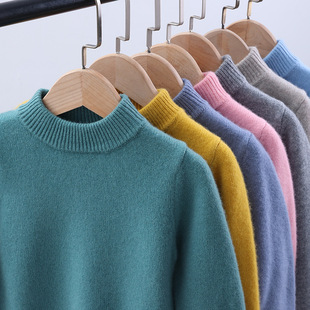 Focus on Children's Pure Wool Knitwear Semi-high Crewneck Middle and Big Children's Thickened Base Wool Sweater Baby Pullover Sweater