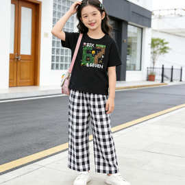 女童格子裤夏季新款宽松文艺休闲日系简约短袖长裤小女孩潮童夏装