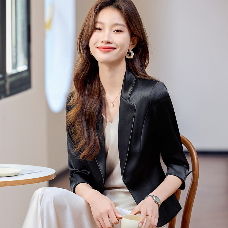 Black Acetate Satin Suit Jacket Women's 2025 New Summer Small Mid-Sleeve Suit Dress Two-Piece Set