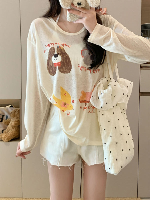 新しい女性用日焼け止め服、夏の年齢軽減漫画プリント長袖Tシャツ、女性用のゆったりとした甘いスタイルのVネック日焼け止めブラウストップ|undefined