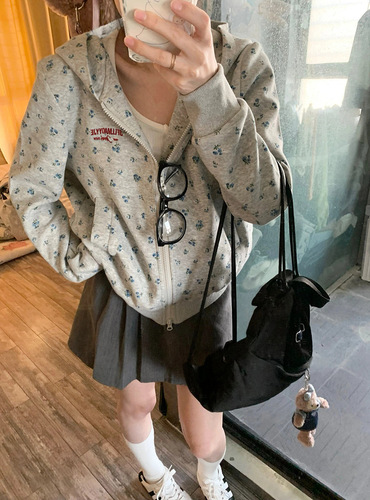 Women's American Retro Floral Hooded Sweatshirt Coat Spring and Autumn Casual Loose Design Fashion Versatile Cardigan