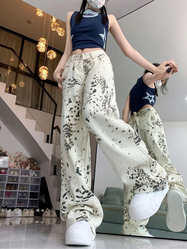 ヨーロッパとアメリカンスタイルの女性用ワイドレッグパンツ、ニッチなデザイン、白のヒョウ柄ジーンズ、ルーズ、ハイウエスト、カジュアル、多用途、ストレートレッグ、フロアレングス|undefined