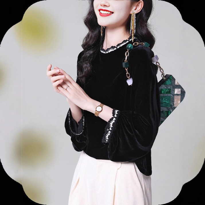 Velvet Tops for Women in Autum 2025 New Commuter Lady Style French Slim T-Shirts Mulberry Silk Fashion Shirts