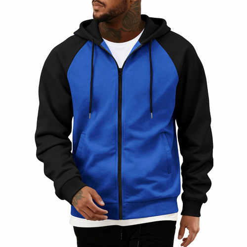 Autumn and winter new arrival: color-block zip-up cardigan, fleece-lined hoodie for men, plus-size casual hooded top, men's clothing.