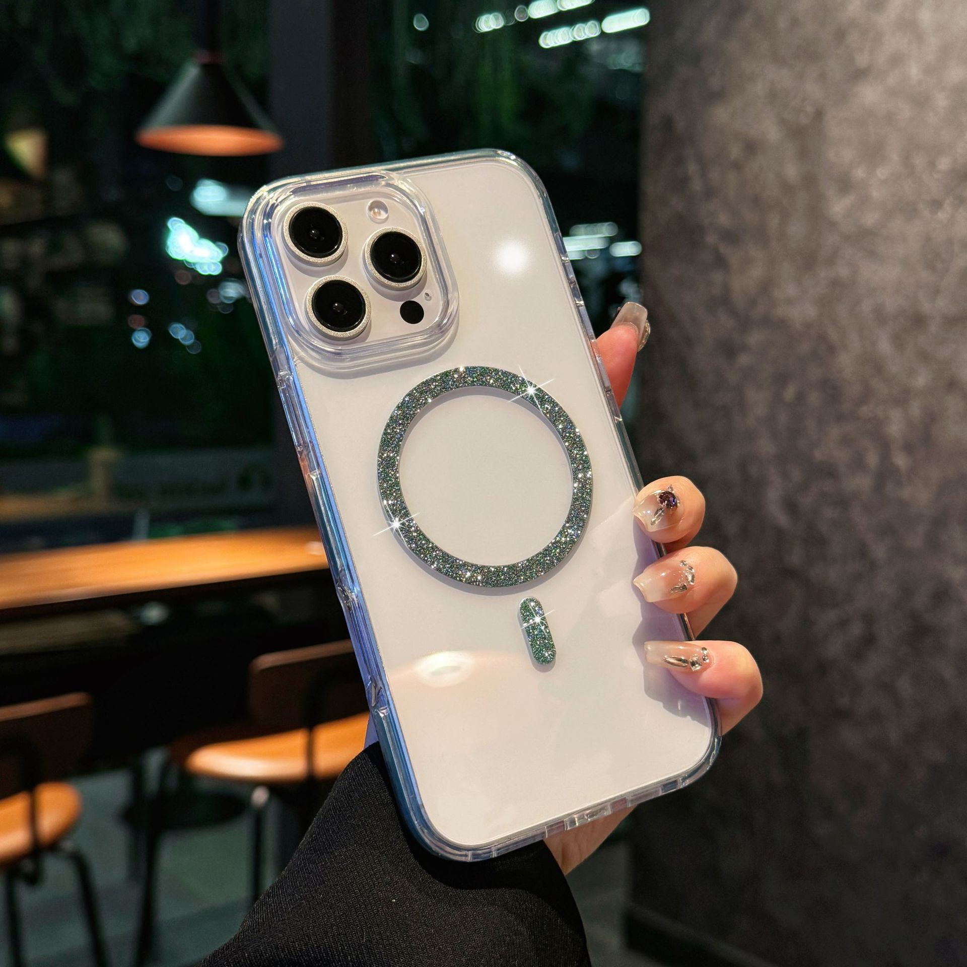 Funda magnética con brillo de cristal de alta transparencia, adecuada para iPhone 17 PRO MAX, iPhone 14, iPhone 15, marco anticaída con bloques de color.