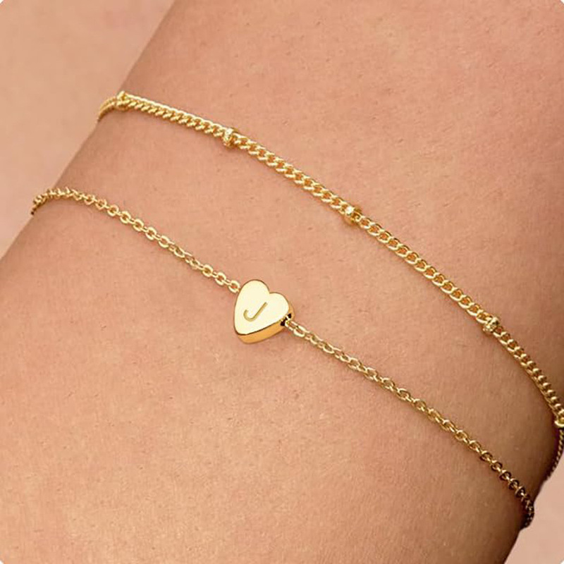 Cross-Border New Heart-Shaped Letter Double-Layer Bracelet, Heart-Shaped 26 English Initial Letter Millet Bead Layered Bracelet