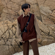 MYQ男士针织背心男春秋韩版潮流圆领毛衣马甲外套宽松坎肩上衣