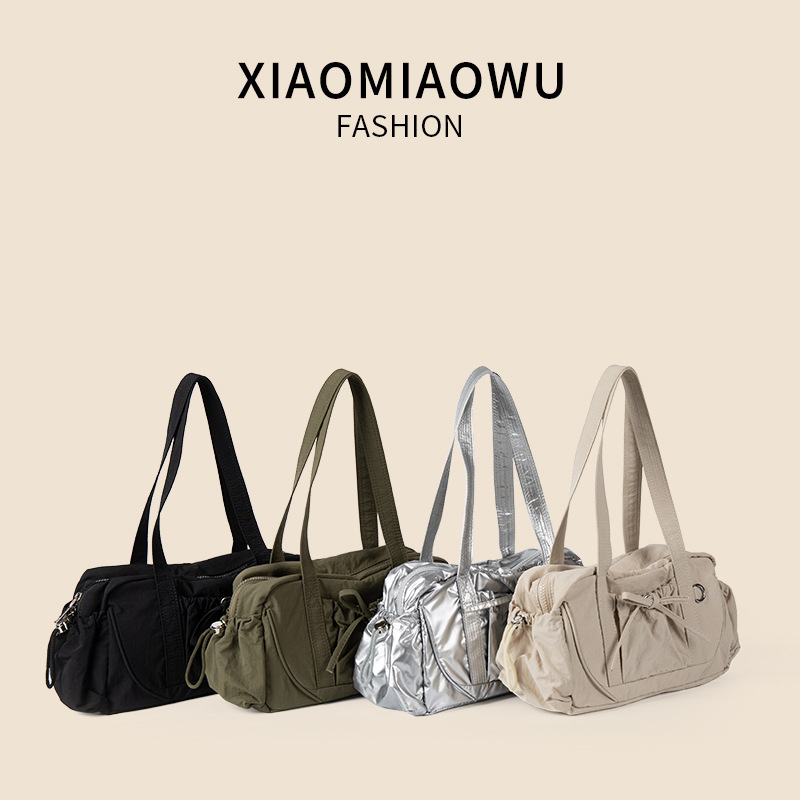 Student shoulder large capacity, women's simple bow nylon handbag, new niche style, armpit bag, high-end feel_voghion.com