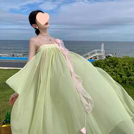 灵动少女粉绿花朵抹胸长裙超仙氛围感宽松连衣裙图片色雪纺修身型
