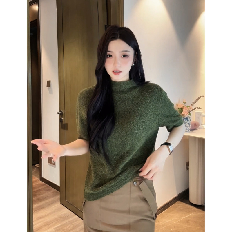 Yuri's Same Style Bovai Solid Color Simple Style Versatile Short-Sleeve Knit Sweater with Sleeve Cuffs Pullover Top Early Autumn New Model Yuri's Same Style Bovai Solid Color Simple Style Versatile Short-Sleeve Knit Sweater with Sleeve Cuffs Pullover Top Early Autumn New Model