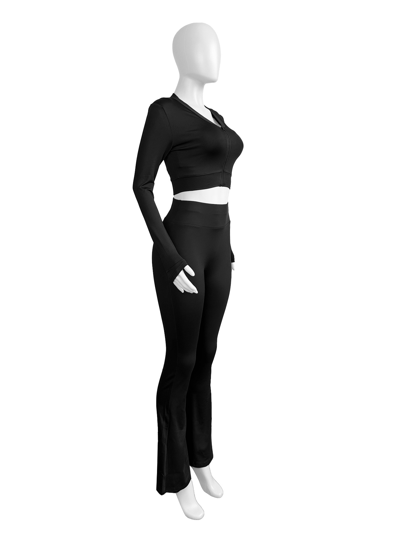 Women Clothing Basic Solid Color Short Top High Waist Bootcut Sports Casual Three Piece Suit Suit