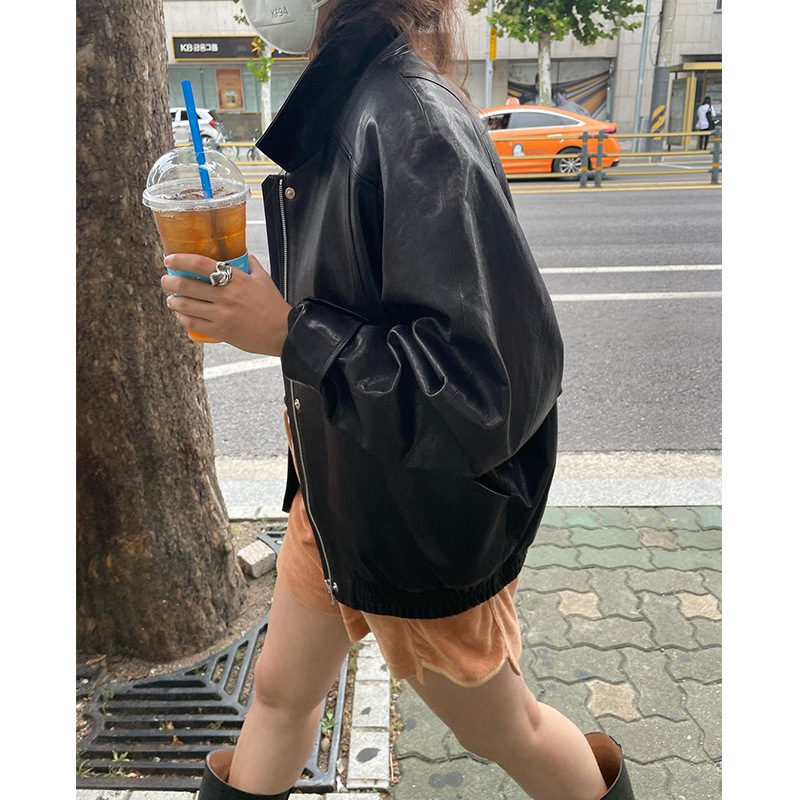 Now South Korea Eth * OS retro loose black leather jacket foreign style slim lapel raglan sleeve motorcycle jacket