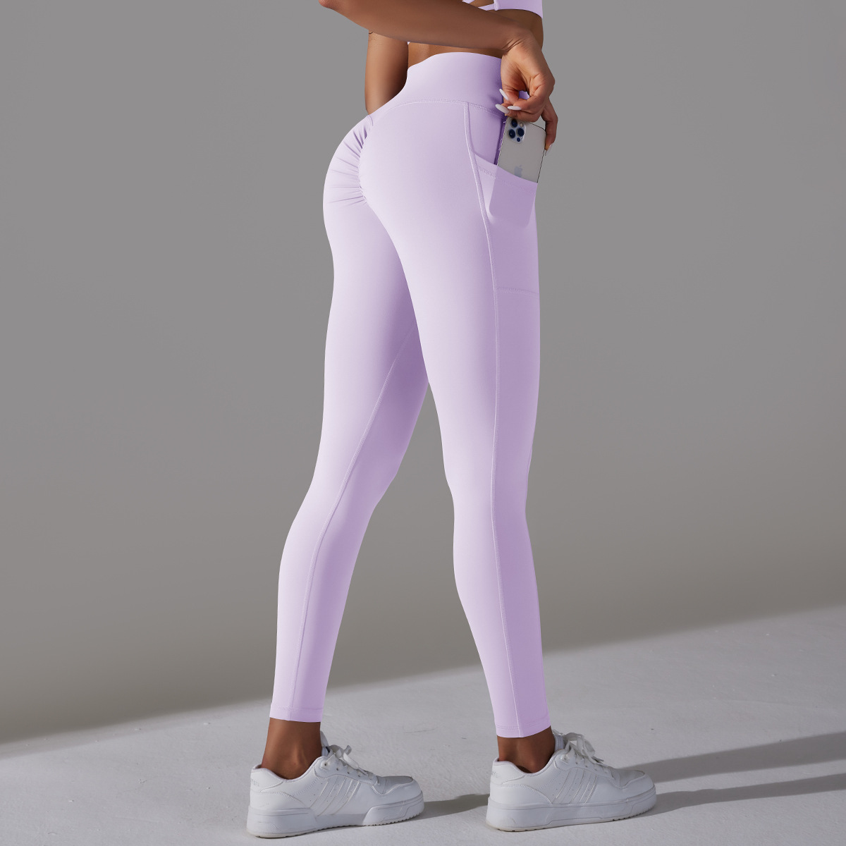 Abbigliamento da donna Pantaloni da yoga con tasca sui fianchi incrociati in nylon double face a vita alta, pantaloni da fitness da corsa sportivi_voghion.com