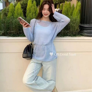 Cross-Border Early Spring and Summer Bohemian Resort Style Hollow Knitted Sun Protection Blouse Top with Rope