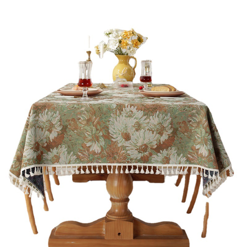 Vintage Polyester-cotton Yarn-dyed Jacquard Oil Painting Black Daisy Tassel Rectangular Coffee Table Dining Tablecloth_voghion.com