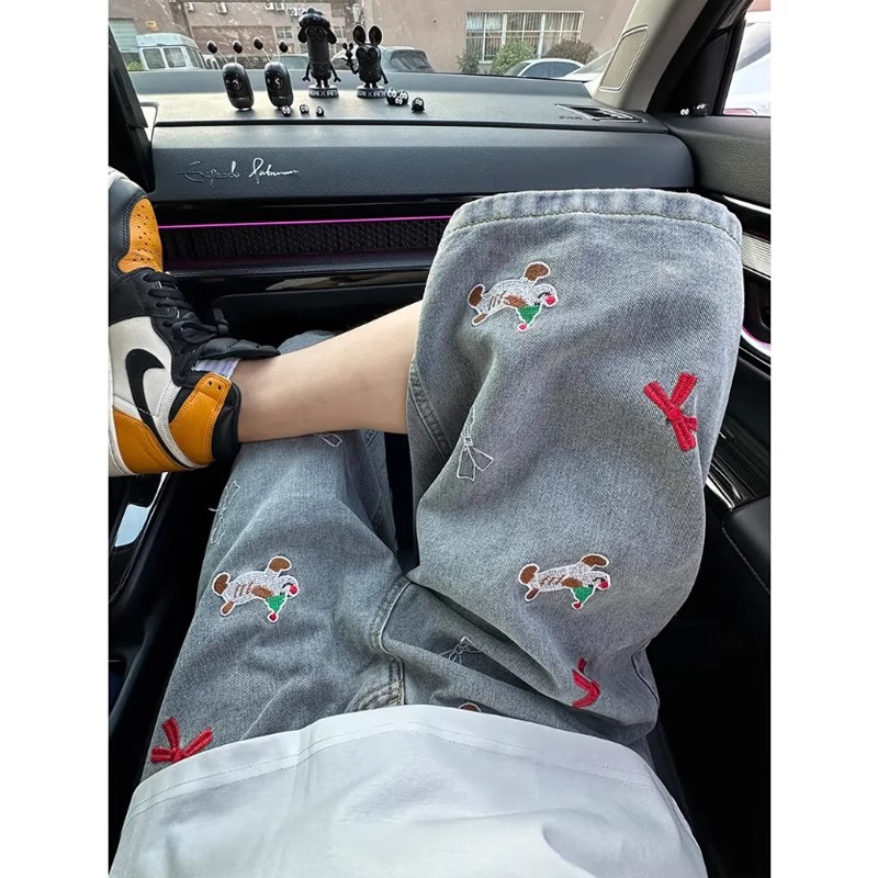 Dog Embroidered Denim Shorts Men's Summer Loose Straight American High Street Pants Trendy Brand Handsome Retro Cropped Pants