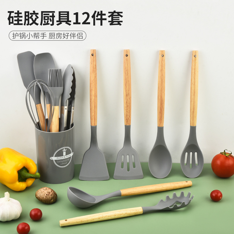 厂家批发硅胶厨具12件套木柄炒菜铲子不粘家用锅铲汤勺捞篱套装