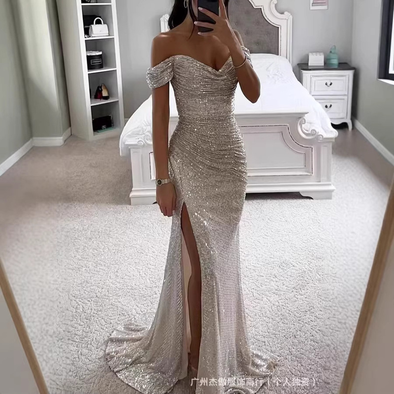 Cross-Border 2025 European and American New Style Party Sequin Off-Shoulder Slit Dress Ins Casual Fashion Dress for Women Cross-Border 2025 European and American New Style Party Sequin Off-Shoulder Slit Dress Ins Casual Fashion Dress for Women