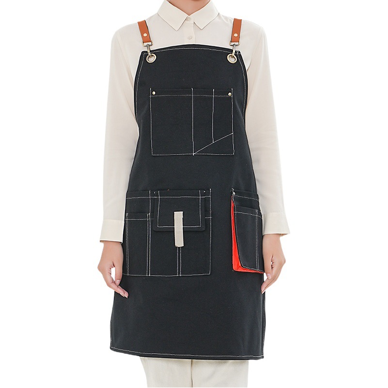 Amazon grueso delantal de lona cinturón de cinta opcional multi-Bolsillo cafetería Barber monos delantal por mayor