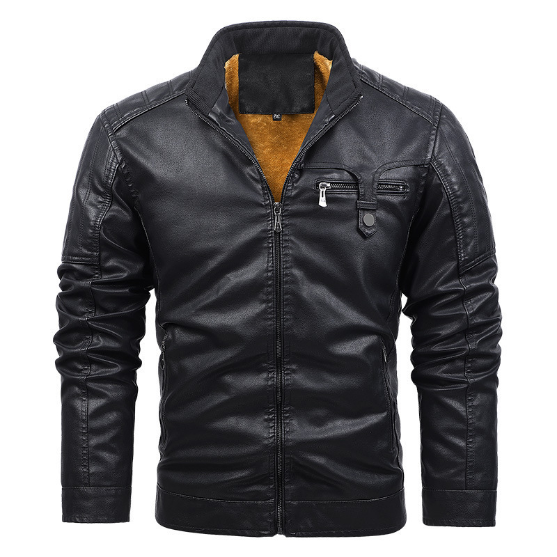 Leren Europese maat herfst en winter met pluche warme casual jas PU leren opstaande kraag motorfiets trendy heren_voghion.com