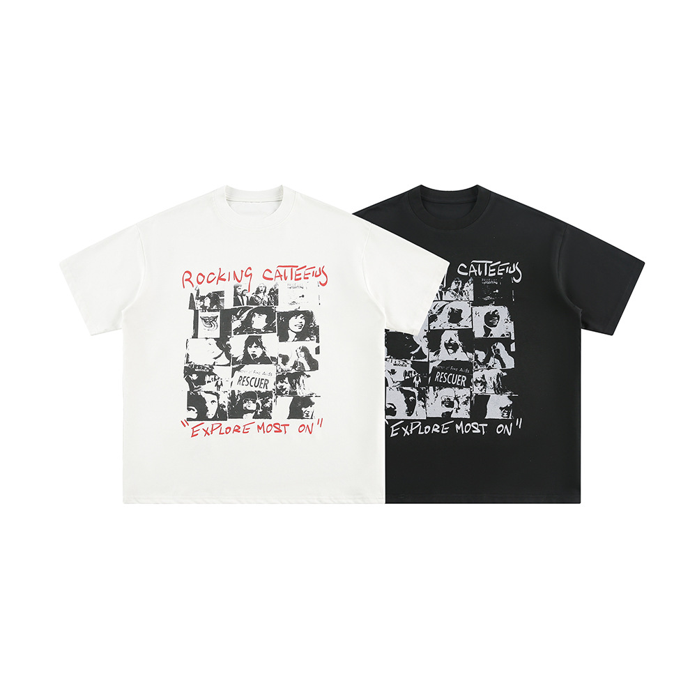 CATTEE Solona American-style portrait print black short-sleeved T-shirt men's loose couples casual heavy half-sleeved tee