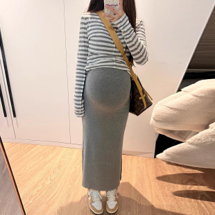 Abdomen-free Pregnant Women's Knitted Skirt for Children Spring and Autumn Pregnancy Small Gray Straight Hip Skirt Spring and Summer