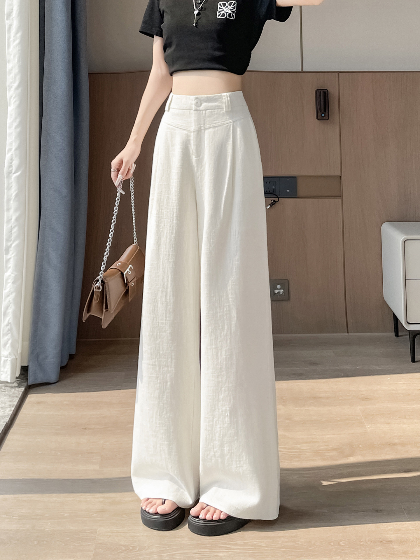 Quần culottes nữ ống rộng cạp cao vải linen phối cotton mềm mại, form suông rộng thoải mái — Trắng Extended