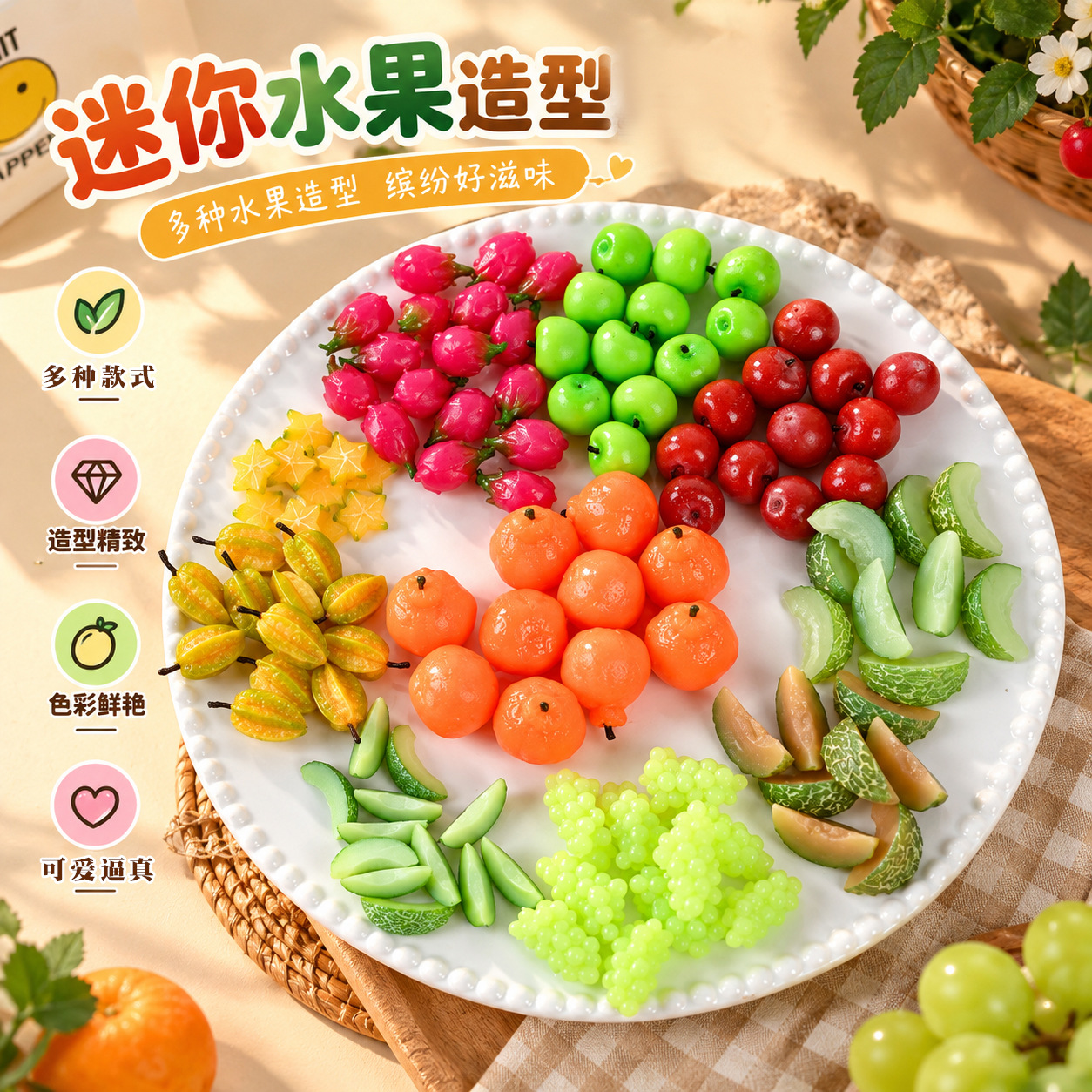 PVC仿真迷你杨桃橘子苹果哈密瓜火龙果葡萄钥匙扣微缩小水果挂件