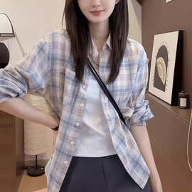 格子防晒衬衫外套夏季薄款女新款时尚减龄百搭法式上衣衬衣批发