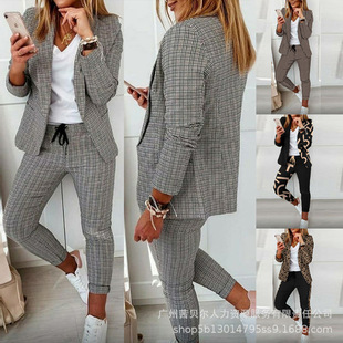 New Commuter Fashion Foreign Trade Amazon European and American Women's Plaid Slim-Fit Lel Suit Two-Piece suit Pants