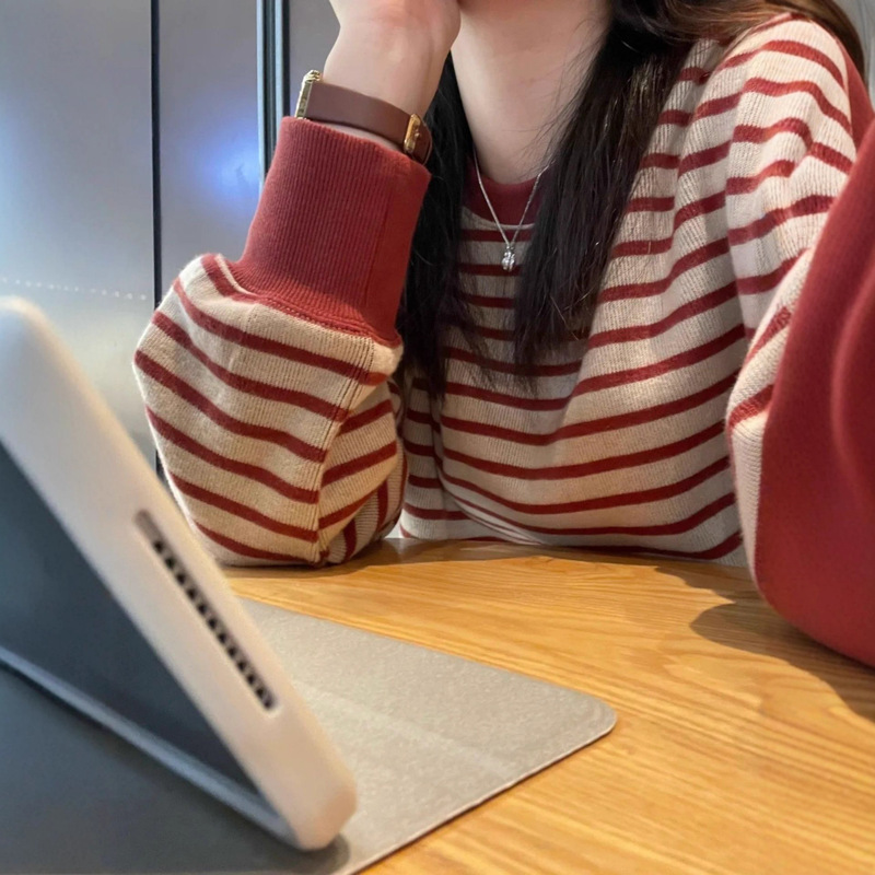 工厂批发韩系早秋新款红色条纹卫衣女慵懒高级感宽松休闲长袖上衣|undefined