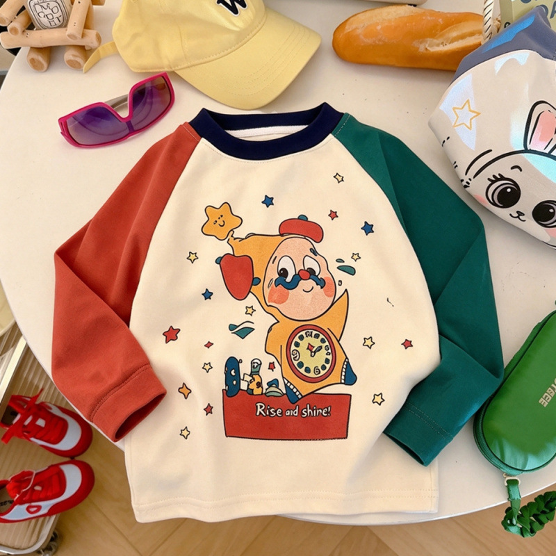 Orange and dark green sparkling clock and star print children's long-sleeved T-shirt, loose and casual pure cotton top for autumn.