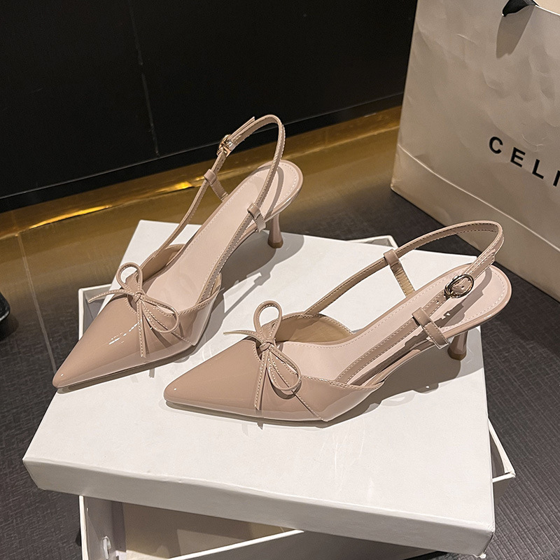 Summer Temperament Pointed Toe Stiletto Heel Shallow Mouth Back Hollow Women's Sandals Fairy Style Nude French Bow Patent Leather High Heels