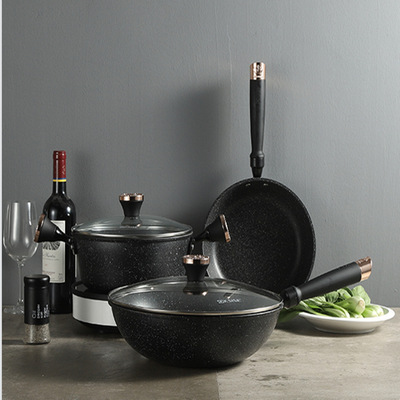 麦饭石礼盒锅具套装三件套组合装活动礼品锅无油烟不粘锅锅盖厂家