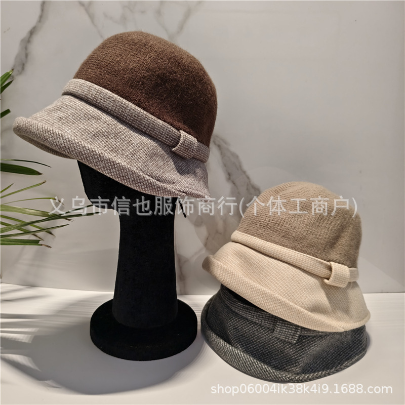 新款毛呢拼接帽子秋冬韩版英伦复古呢子加绒渔夫帽圆顶大檐礼帽女|undefined