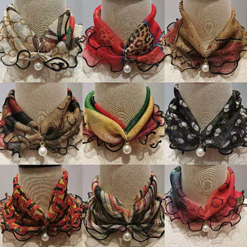 Korean-style Pearl Scarf Neck Neck Set Wave Edge Gold Line Lace Silk Scarf Spring and Summer Thin Sunshade Sunscreen Varied Scarf