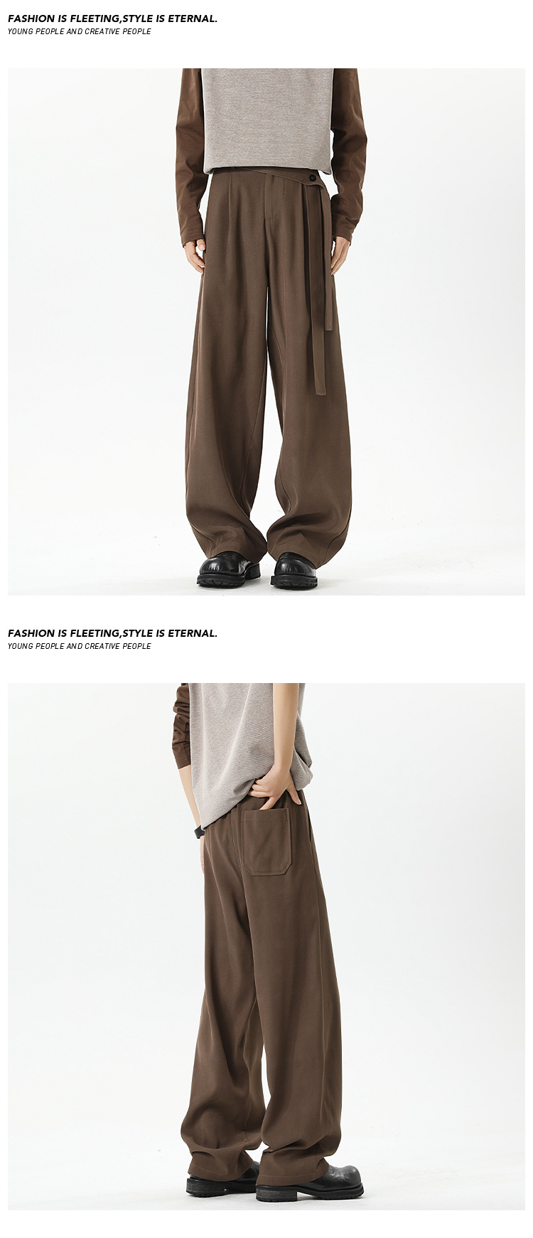 Kaffeefarbene Herren Stoffhose Mit Gürtel Und Geradem Bein_voghion.com