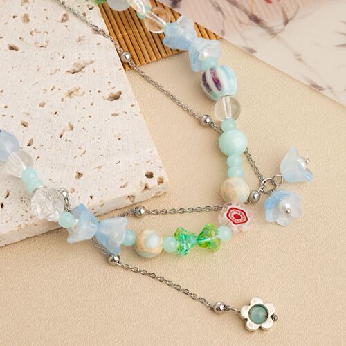 Blue flower beaded necklace for women summer dopamine fairy sweet girl niche design clavicle chain necklace