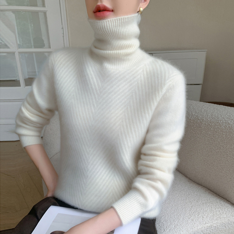 Autumn and Winter New Cashmere Knitwear for Women Thickeneded Warm Knitted Knitwear Vertical Pattern High Lapel Pure Color Bottoming Knitwear